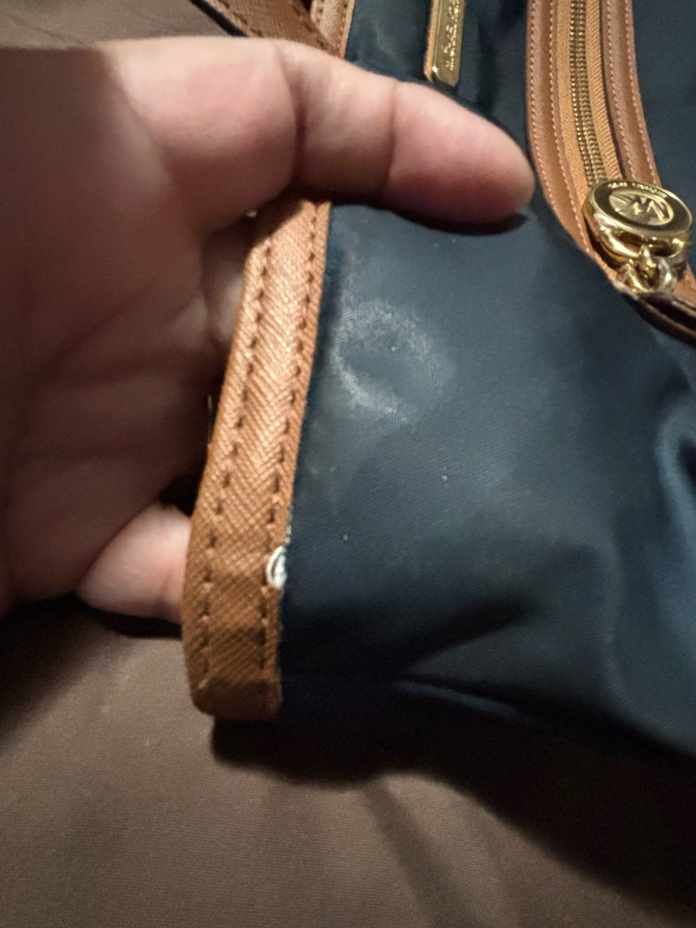 Michael Kors Navy Blue Tote with Brown Trim and Gold Hardware - Picture 4 of 9